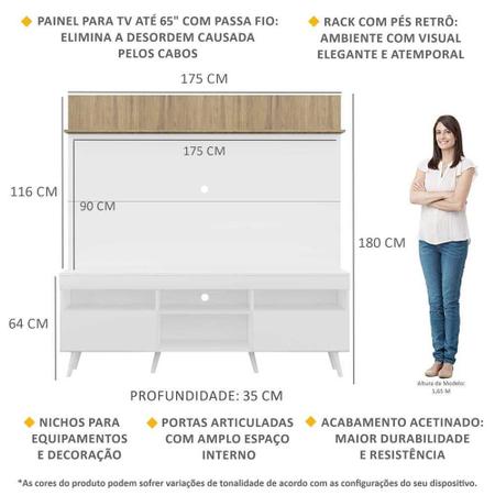 Imagem de Rack com Painel TV 65" Madri Multimóveis Branco/Rustic com Prateleira e Pés Retrô Branco
