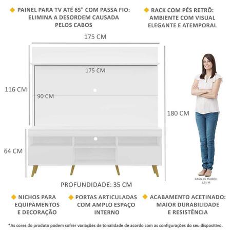 Imagem de Rack com Painel TV 65" Madri Multimóveis Pés Retrô e Prateleira Branco/Natural