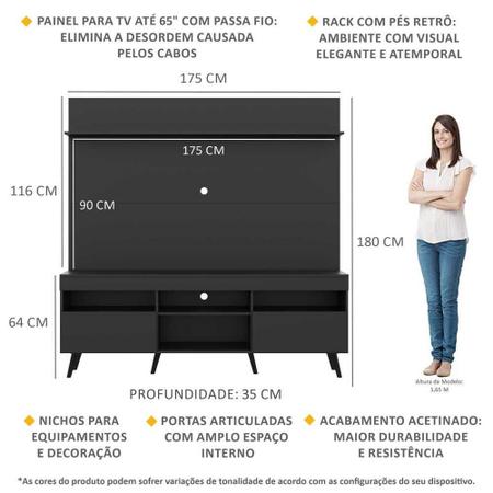Imagem de Rack com Painel TV 65" Madri Multimóveis Pés Retrô e Prateleira Preto