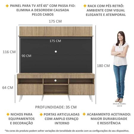 Imagem de Rack com Painel TV 65" Madri Multimóveis Rustic/Preto com Prateleira e Pés Retrô Branco