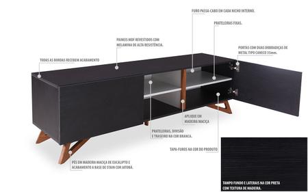 Imagem de Rack Tv Retrô Freddie Mdf Preto Pés Madeira Cor Jatobá 2 Portas Pretas (160X43,6X48,5 Cm)