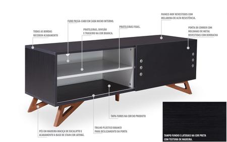 Imagem de Rack Tv Retrô Freddie Mdf Preto Pés Madeira Cor Jatobá Porta De Correr Preta (140X43,6X48,5 Cm)