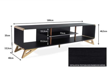 Imagem de Rack Tv Retrô Mdf Pés Madeira Cor Taeda Preto Presley  (180X40X48,5 Cm)