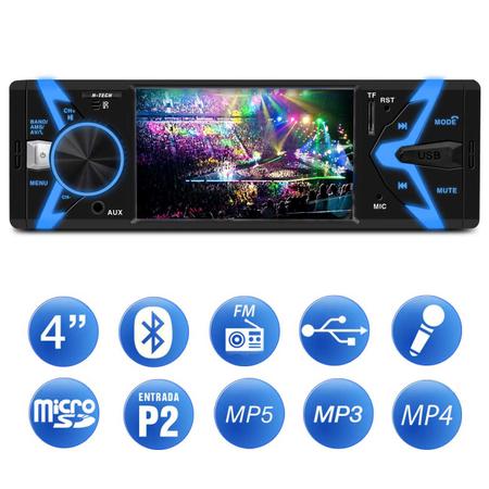 Imagem de Rádio Automotivo Som Bluetooth MP3 Player 1 Din LCD 4” MP5 MP4 USB SD FM Controle H-TECH HPM 3010