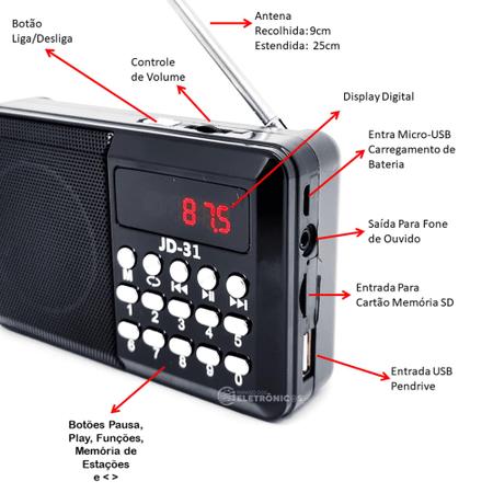 Rádio FM Portátil Digital Bluetooth, MP3, Entrada Pendrive e Cartão Bateria  Recarregável JD31PR - LTOMEX - Rádio Portátil - Magazine Luiza