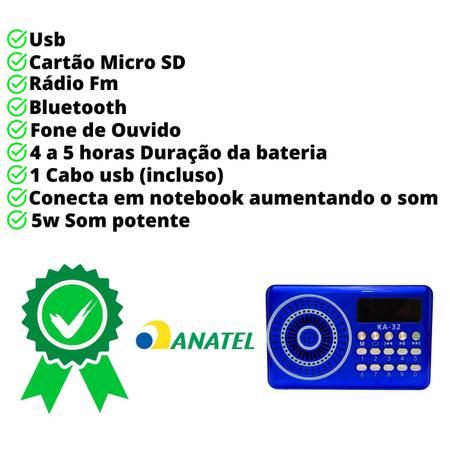 Imagem de Radio Portatil Bluetooth Fm Sd Usb Pendrive Metálico 16Gb Rapido Classe 10 Antena Alça