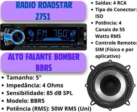 Imagem de Rádio Roadstar RS2751 BT/2 USB/SD/FM/Auxiliar + 4 Alto Falantes 5  Bomber 200w + Antena Rádio