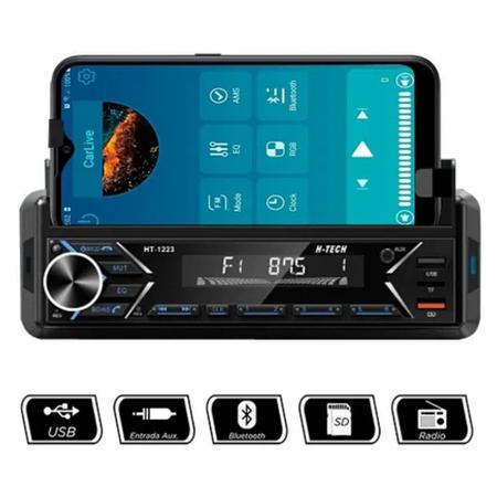 Imagem de Rádio Som Automotivo H-Tech Bluetooth com Suporte para Celular - HT-1223
