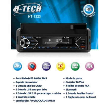 Imagem de Rádio Som Automotivo H-Tech Bluetooth com Suporte para Celular - HT-1223