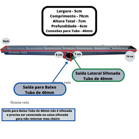 Imagem de Ralo Linear Sifonado com Grelha Inox 5x70 Banheiro modelo Oculta Coletor Cinza - Ficone Reis