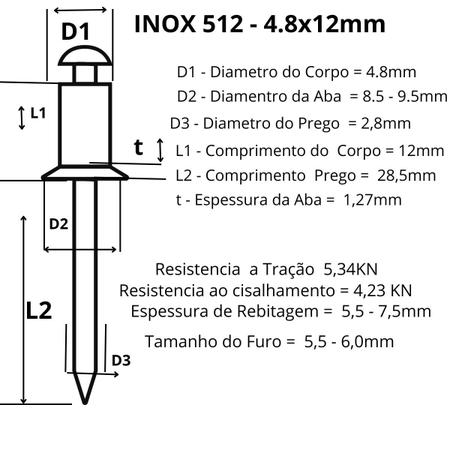 Imagem de Rebite Pop de Repuxo Aço Inox 304 -  512 4.8x12  com 50peças