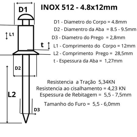 Imagem de Rebite Pop De Repuxo Aço Inox 304 - 512 4.8X12 Com 50Peças