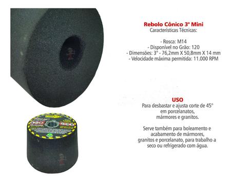 Imagem de Rebolo Conico Para Porcelanato Marmore Para uso em Esmerilhadeira M14 Acabamento em cortes 45 graus
