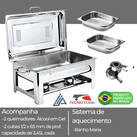 Imagem de Rechaud Retangular Aço Inox Banho Maria Tecnocuba com 2 Cubas tampa basculante buffet restaurante festa fogareiro queimador de álcool