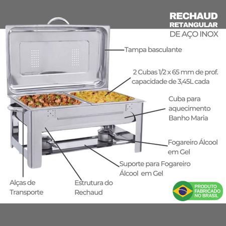 Imagem de Rechaud Retangular Aço Inox Banho Maria Tecnocuba com 2 Cubas tampa basculante buffet restaurante festa fogareiro queimador de álcool