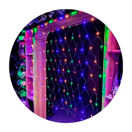 Imagem de Rede com 144 LEDs Colorida 8 Funções Fio Verde 127V Natal