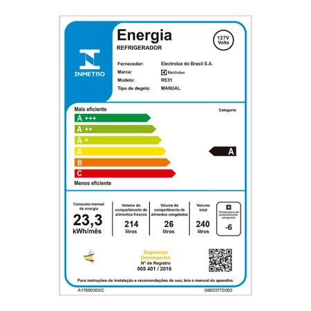 Imagem de Refrigerador Electrolux Cycle Defrost 240 Litros Branco RE31 - 127 Volts