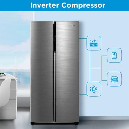 Refrigerador Side By Side 442L Inverter Cor Inox Conectada Midea