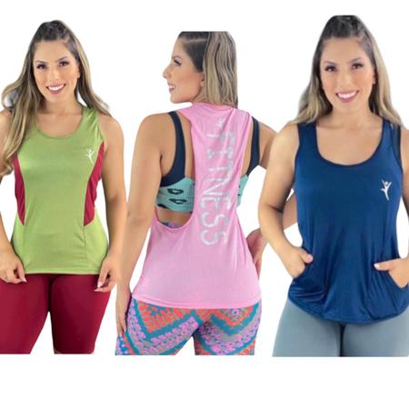 Imagem de  Regata Feminina Kit com 3 Camisetas Academia Dry Fit Leve e Geladinha