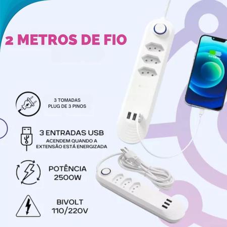 Régua Elétrica 3 Tomadas Com Usb Bilvolt Reforçada Geladeira - Atena Imagem de Régua Elétrica 3 Tomadas Com Usb Bilvolt Reforçada Geladeira