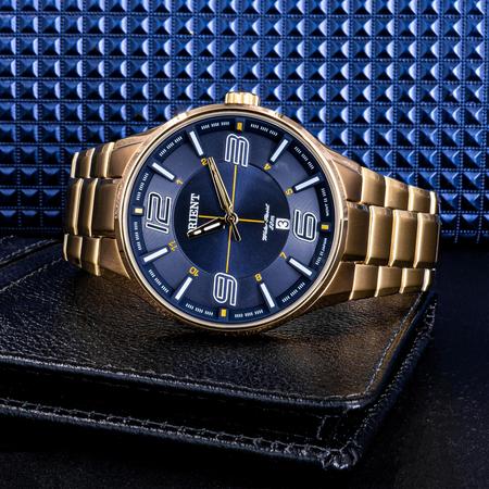 Imagem de Relógio Analógico Masculino Orient Dourado Mostrador Azul Casual Original Prova D'água Garantia 1 ano 