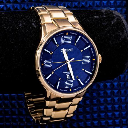 Imagem de Relógio Analógico Masculino Orient Dourado Mostrador Azul Casual Original Prova D'água Garantia 1 ano 