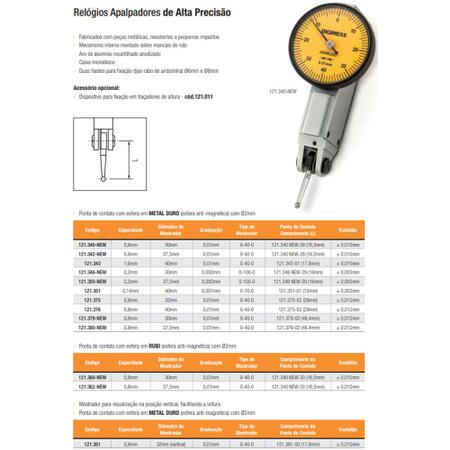 Imagem de Relógio Apalpador - Curso 0,14mm - Diâmetro Do Mostrador Ø40mm - Graduação De 0,001mm - Ponta 12mm - Ref. 121.351 - DIGIMESS