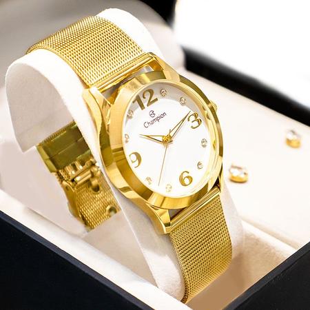 Relógio Champion Dourado Magnum Feminino Conformável Leve Colar e Brincos  Folheados Luxo CN25690D