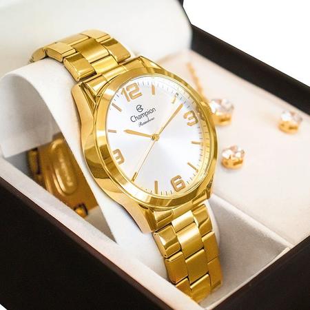 Imagem de Relógio Champion Feminino Dourado Prova DAgua Brincos e Colar Garantia De Um Ano