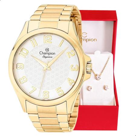 Imagem de Relógio Champion Feminino Dourado Prova DAgua CN26377W Colar e Brincos