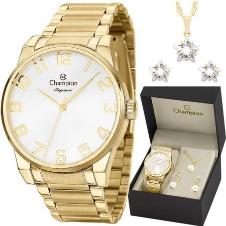 Relógio Champion Dourado Magnum Feminino Conformável Leve Colar e Brincos  Folheados Luxo CN25690D