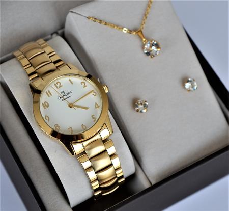 Relógio Champion Dourado Magnum Feminino Conformável Leve Colar e Brincos  Folheados Luxo CN25690D