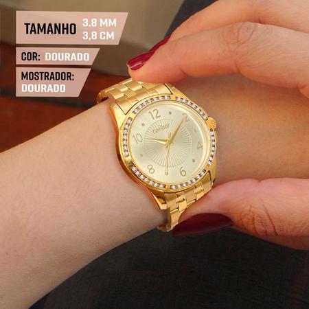 Imagem de Relógio Condor Feminino Dourado Prova d'água com 1 ano de garantia com colar e brincos
