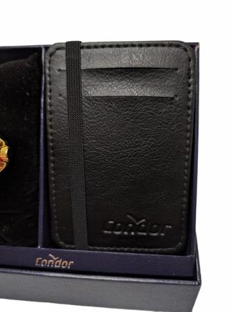 Imagem de Relógio condor masculino dourado e azul inox kit com porta cartão caixa presenteável