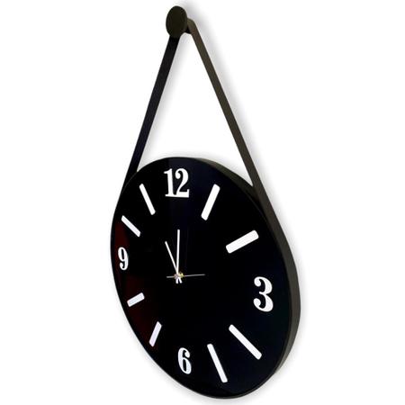 Imagem de Relógio de Parede ADNET 50cm, Fundo Preto, Algarismos Cardinais 3D Brancos, Alças em Couro Preto.