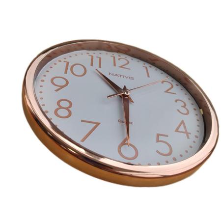 Imagem de Relógio de Parede Analógico Decorativo 23cm Rose Gold Redondo Moderno Ponteiro Tic Tac Quartz Decoração de Cozinha Sala Quarto Casa ou Escritório