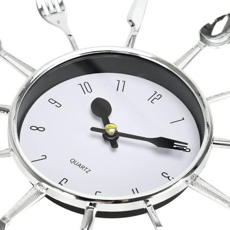 Imagem de Relógio de Parede Cozinha Formato Talheres Prata Silencioso