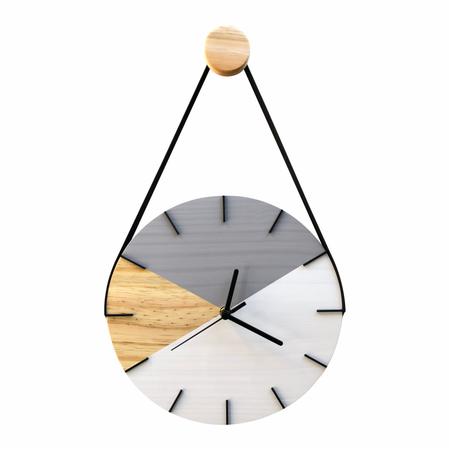 Imagem de Relógio de Parede Geométrico Branco e Cinza Detalhes Preto com Alça + Pendurador 