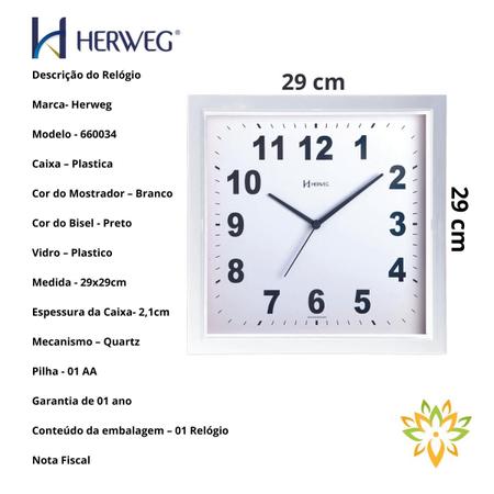 Imagem de Relogio de Parede Quadrado Liso Herweg 660034 29cm