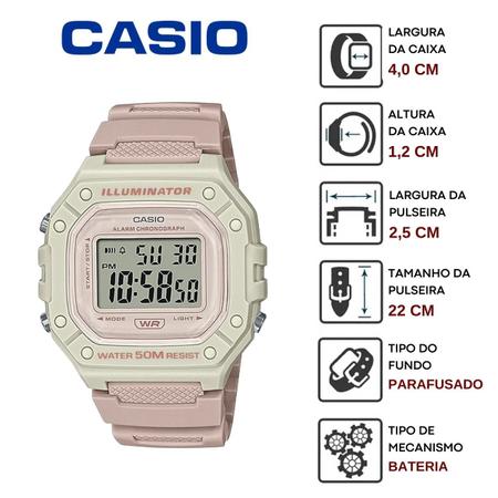 Imagem de Relógio de Pulso Casio Feminino Digital Esportivo Quadrado Illuminator Azul Rosa Nude Branco Prova Dágua 50 Metros W-218HC