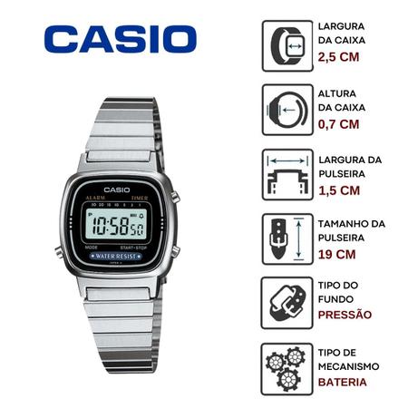 Imagem de Relógio de Pulso Casio Feminino Vintage Resistente Àgua Alarme Cronometro Quartz Pequeno Mini Aço Inox Quadrado Digital Prata LA670WA-1DF