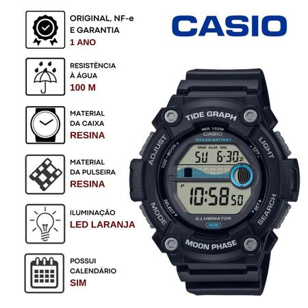 Imagem de Relógio de Pulso Casio Masculino Digital Esportivo 3 Alarmes Tabua de Mares Surf com 10 anos de Bateria Original Azul Grafite Preto WS-1300H