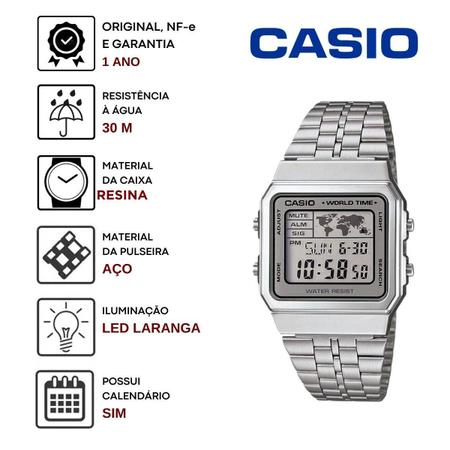 Imagem de Relógio de Pulso Casio Retro Vintage Unissex Digital World Time 5 Alarmes Pulseira Aço Inóx Prata A500WA
