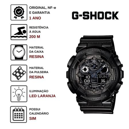 Imagem de Relógio de Pulso Marca Casio G-Shock Camuflado Esportivo Prova D água 200 Metros Hora Mundial Masculino Analógico Digital Preto GA-100CF