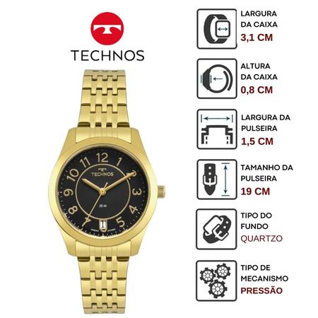 Imagem de Relógio de Pulso Technos Feminino Analógico Aço Inóx Quartz Prova Dpagua 5 ATM Boutique Redondo Pequeno Casual Dourado 2115KNJS/4P