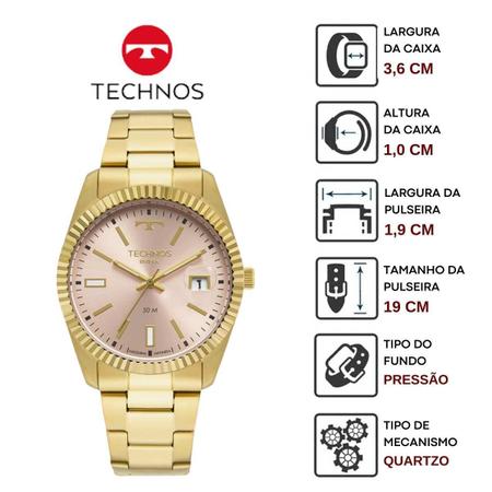 Imagem de Relógio de Pulso Technos Feminino Riviera Prova D Água 5 ATM Redondo Aço Inóx Clássico Casual Dourado 2115NAL/1T