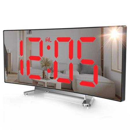 Imagem de Relógio Digital Espelhado Curvado Com Despertador Sensor de Luz  Mesa  Cabeceira Hora 12H  24H Cores Branco  Verde  Vermelho