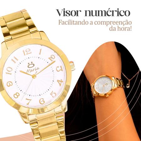 Imagem de relogio feminino aço inox dourado + colar + brincos + caixa social moda casual strass presente