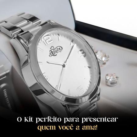 Imagem de Relogio feminino aço inox prata + caixa + colar + pulseira strass presente casual edição limitada