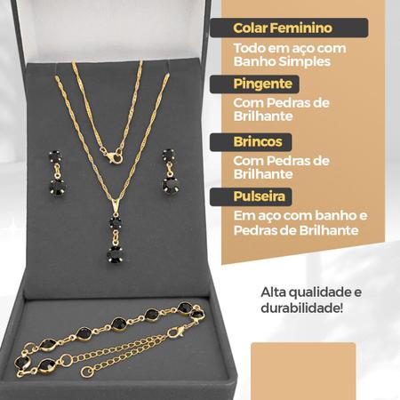 Imagem de Relógio feminino banhado + pulseira + colar strass silicone casual social moda strass dourado